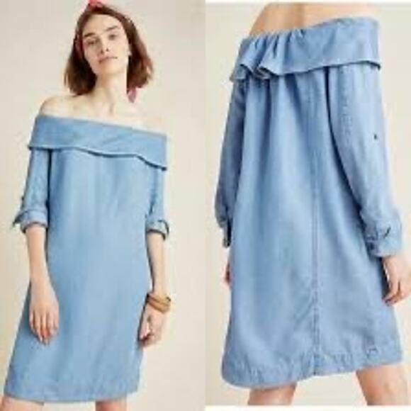Anthropologie Blue Chambray‎ Off Shoulder Mini Dress - Size 00 - Picture 1 of 8